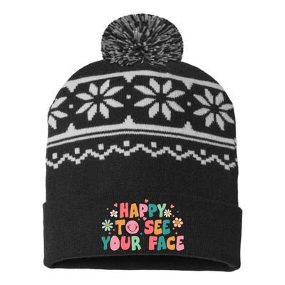 Happy To See Your Face First Day Of School Teacher Flower USA-Made Snowflake Beanie