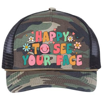 Happy To See Your Face First Day Of School Teacher Flower Retro Rope Trucker Hat Cap