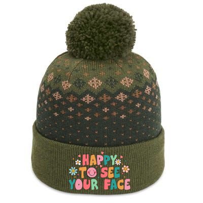 Happy To See Your Face First Day Of School Teacher Flower The Baniff Cuffed Pom Beanie