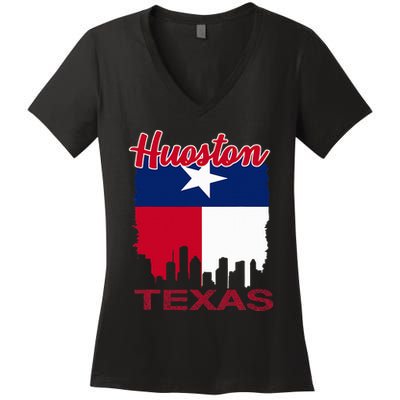 Houston Texas Skyline Vintage Houston Texas Flag Women's V-Neck T-Shirt