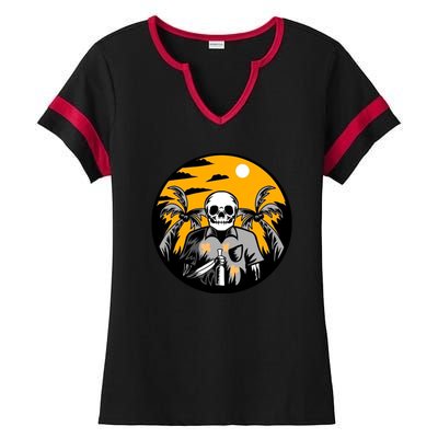 Hawaiian Tropical Skull Skelton Scary Knife Ladies Halftime Notch Neck Tee