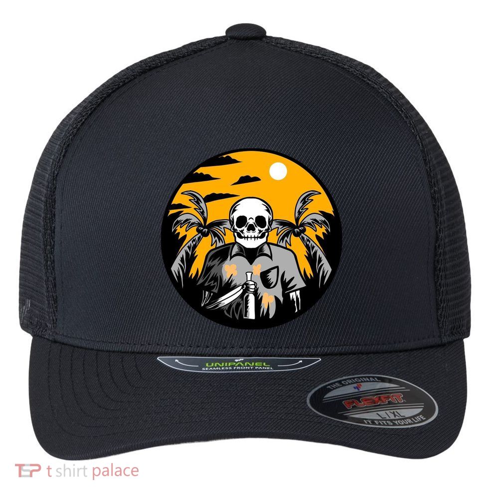 Hawaiian Tropical Skull Skelton Scary Knife Flexfit Unipanel Trucker Cap