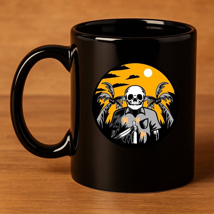 Hawaiian Tropical Skull Skelton Scary Knife 11oz C Handle Ceramic Mug