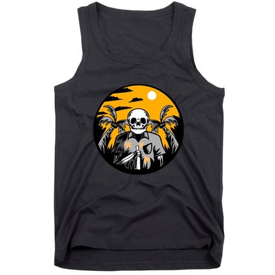 Hawaiian Tropical Skull Skelton Scary Knife Tank Top