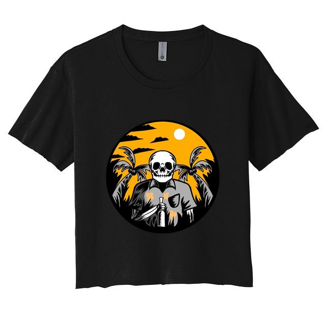 Hawaiian Tropical Skull Skelton Scary Knife Crop Top