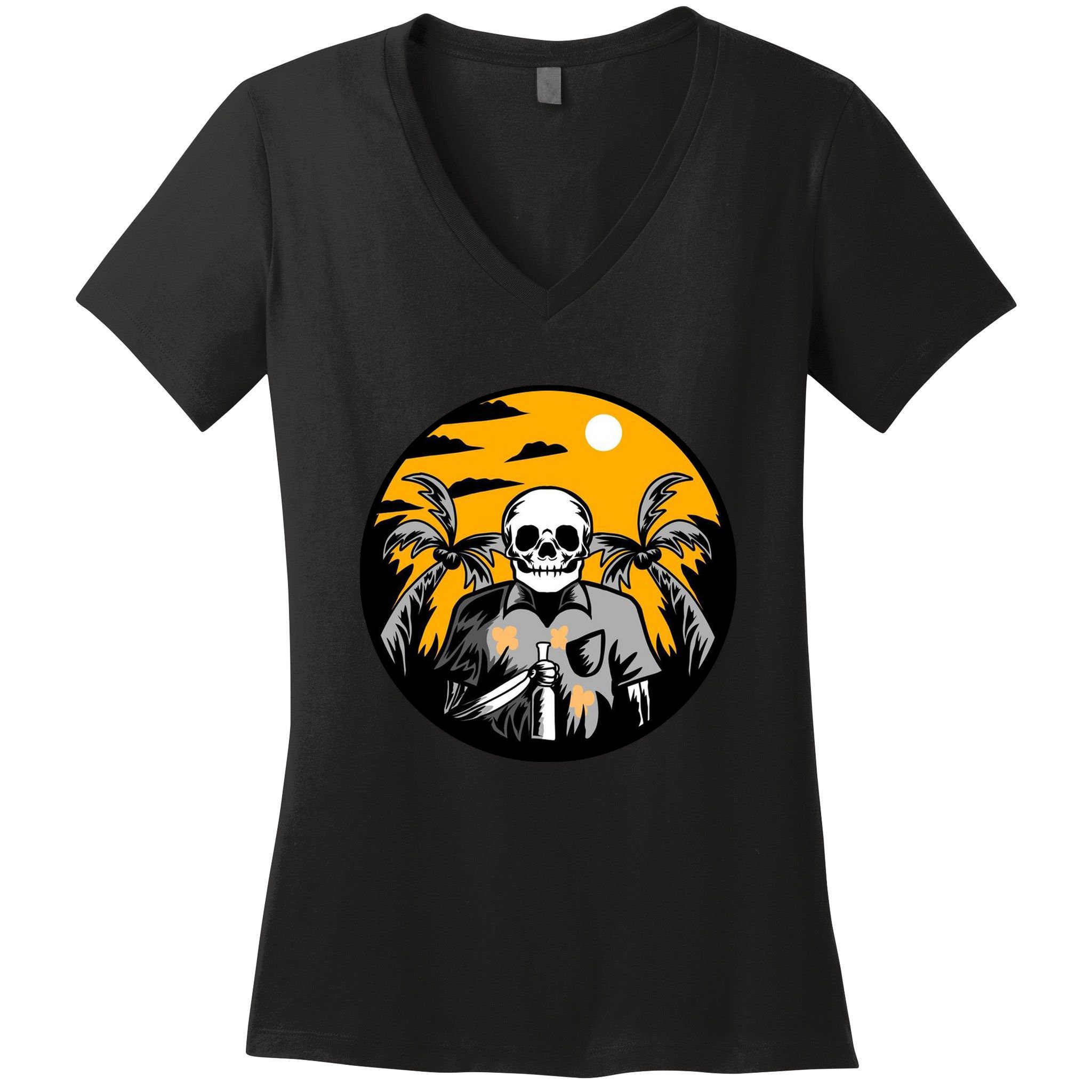 Hawaiian Tropical Skull Skelton Scary Knife Women's V-Neck T-Shirt