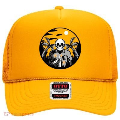 Hawaiian Tropical Skull Skelton Scary Knife High Crown Mesh Back Trucker Hat
