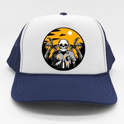 Hawaiian Tropical Skull Skelton Scary Knife Trucker Hat