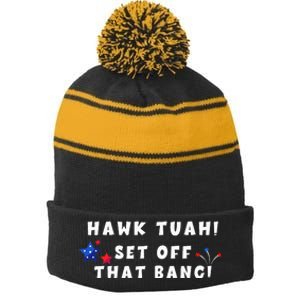 Hawk Tuah Set Off That Bang Funny Viral Video Girl July 4th Stripe Pom Pom Beanie