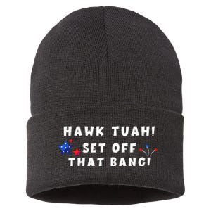 Hawk Tuah Set Off That Bang Funny Viral Video Girl July 4th Sustainable Knit Beanie