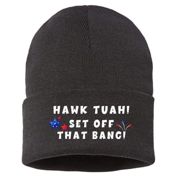 Hawk Tuah Set Off That Bang Funny Viral Video Girl July 4th Sustainable Knit Beanie