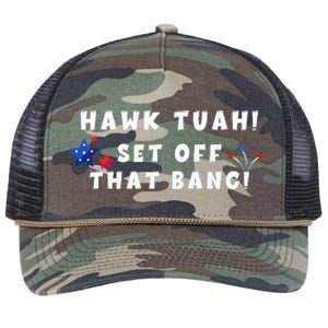 Hawk Tuah Set Off That Bang Funny Viral Video Girl July 4th Retro Rope Trucker Hat Cap