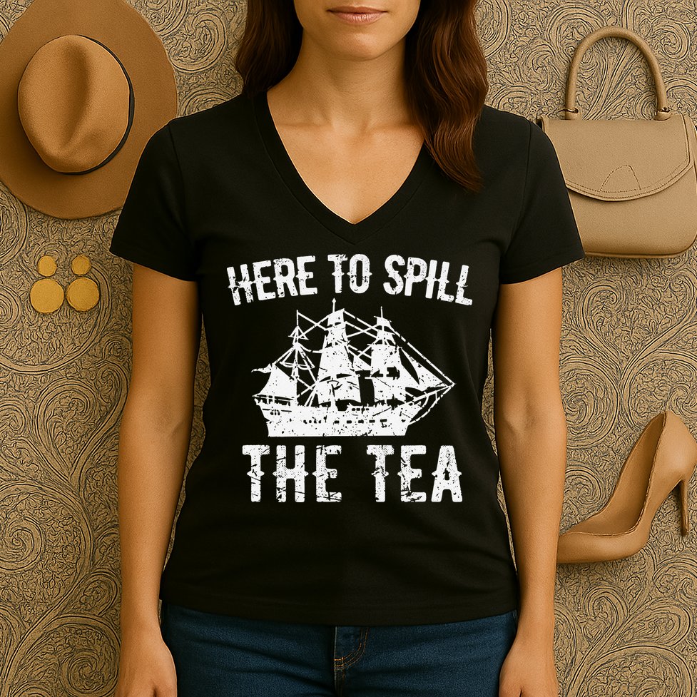 Here To Spill The Tea 4th of July US Patriotic Pride Women's V-Neck T-Shirt