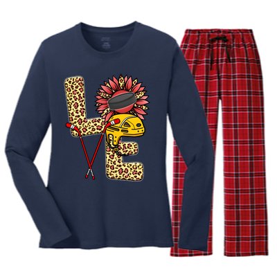 Hockey T Shirts Love Leopard Sunflower Graphic Plus Size Women's Long Sleeve Flannel Pajama Set 