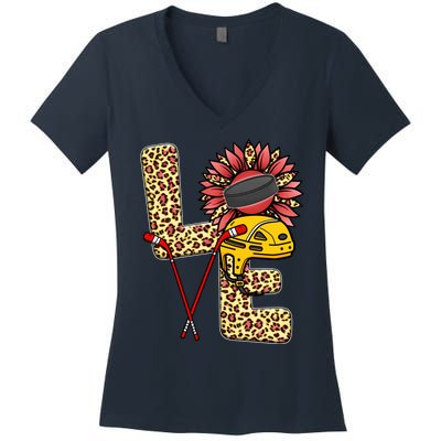 Hockey T Shirts Love Leopard Sunflower Graphic Plus Size Women's V-Neck T-Shirt