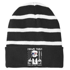 Hawk Tuah Spit On That Thang Trump Striped Beanie with Solid Band