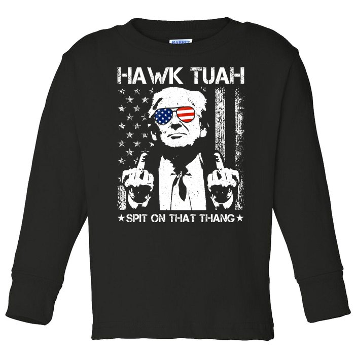 Hawk Tuah Spit On That Thang Trump Toddler Long Sleeve Shirt