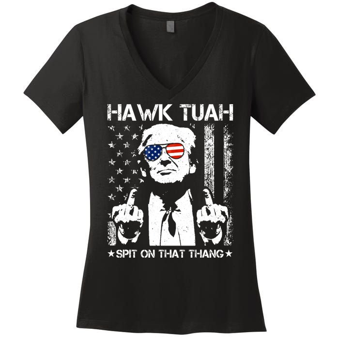 Hawk Tuah Spit On That Thang Trump Women's V-Neck T-Shirt