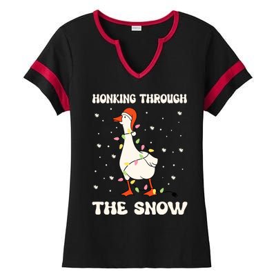 Honking Through The Snow Funny Goose Ugly Christmas Ladies Halftime Notch Neck Tee