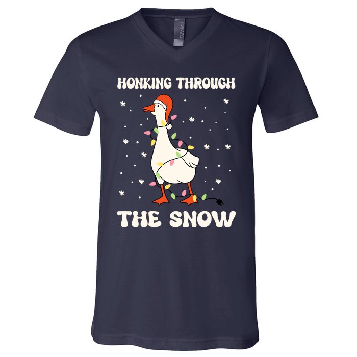 Honking Through The Snow Funny Goose Ugly Christmas V-Neck T-Shirt