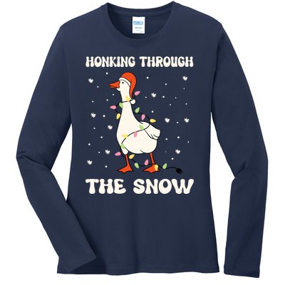 Honking Through The Snow Funny Goose Ugly Christmas Ladies Long Sleeve Shirt