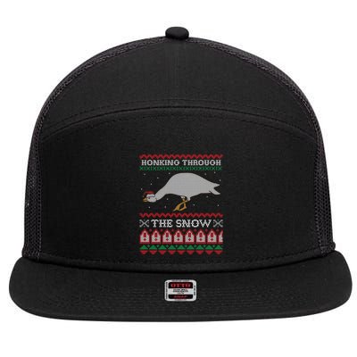 Honking Through The Snow Goose Ugly Christmas Sweater Honk Cool Gift 7 Panel Mesh Trucker Snapback Hat
