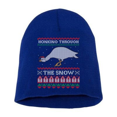 Honking Through The Snow Goose Ugly Christmas Sweater Honk Cool Gift Short Acrylic Beanie
