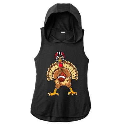 Happy Thanksgiving Turkey Playing Football Dad Ladies PosiCharge Tri-Blend Wicking Draft Hoodie Tank