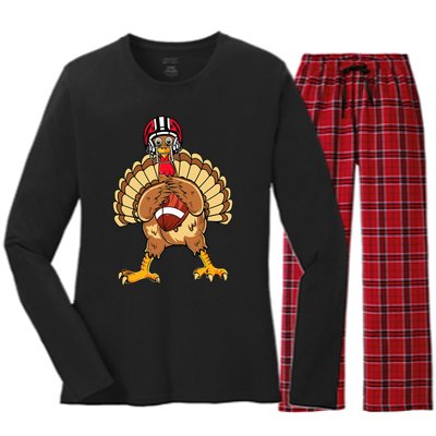 Happy Thanksgiving Turkey Playing Football Dad Women's Long Sleeve Flannel Pajama Set 