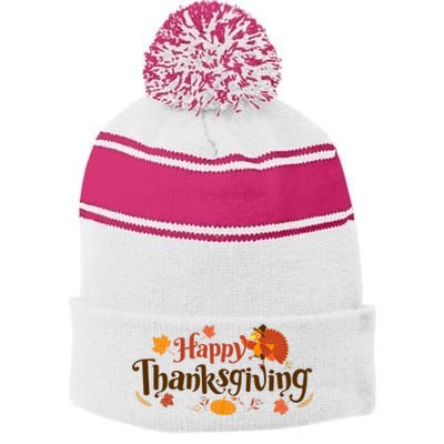 Happy Thanksgiving Turkey Holiday Cute Gift Stripe Pom Pom Beanie