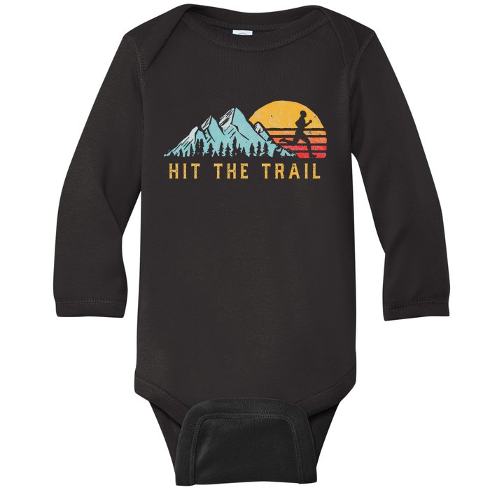 Hit the Trail, Runner Retro Style Vintage Running Graphic Baby Long Sleeve Bodysuit