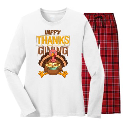 Happy Thanksgiving Turkey Pie Holiday Women's Long Sleeve Flannel Pajama Set 