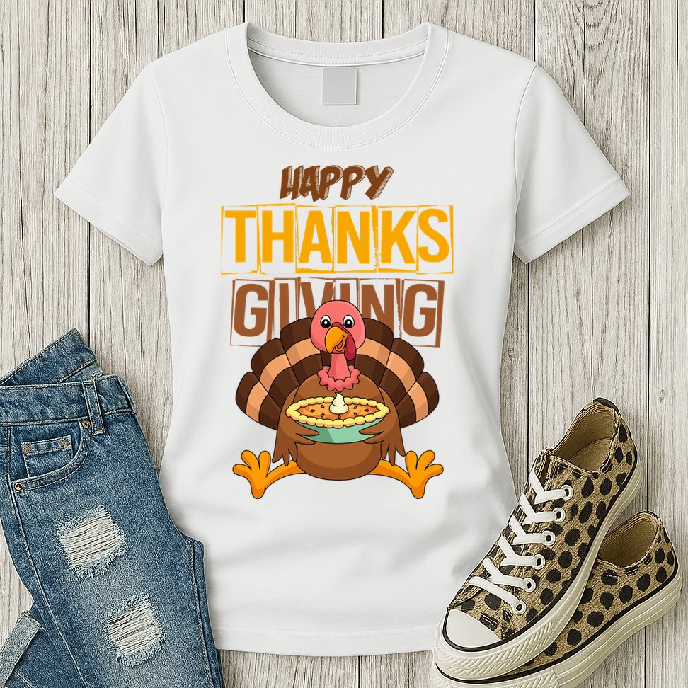 Happy Thanksgiving Turkey Pie Holiday Womens T-Shirt