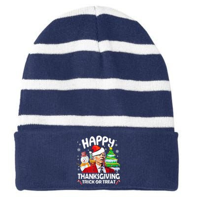 Happy Thanksgiving Trick Or Treat Joe Biden Santa Christmas Striped Beanie with Solid Band