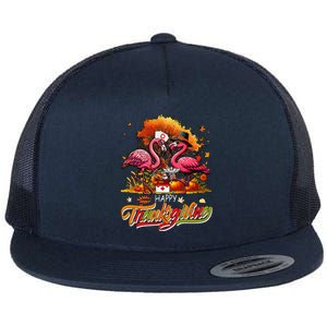 Happy Thanksgiving Two Cute Flamingos With Nurse Job Tools Flat Bill Trucker Hat