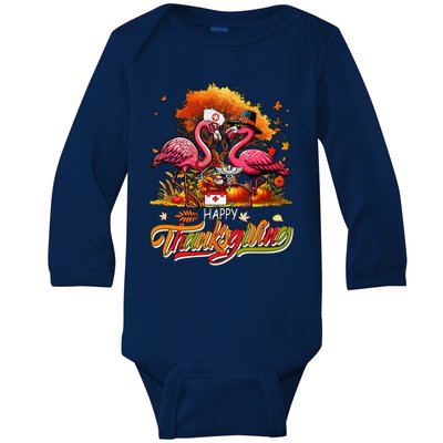 Happy Thanksgiving Two Cute Flamingos With Nurse Job Tools Baby Long Sleeve Bodysuit