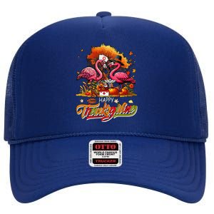 Happy Thanksgiving Two Cute Flamingos With Nurse Job Tools High Crown Mesh Back Trucker Hat