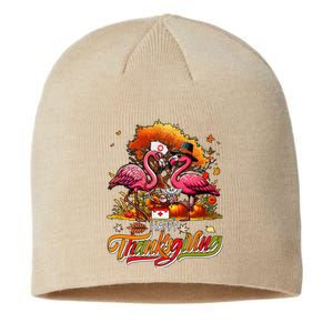 Happy Thanksgiving Two Cute Flamingos With Nurse Job Tools Sustainable Beanie