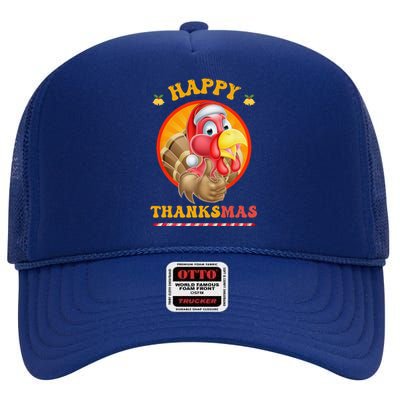 Happy Thanksmas Turkey Funny Thanksgiving Christmas High Crown Mesh Back Trucker Hat