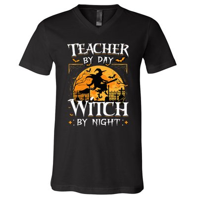 Halloween Teacher Transformation Daytime Educator Nighttime Sorceress V-Neck T-Shirt