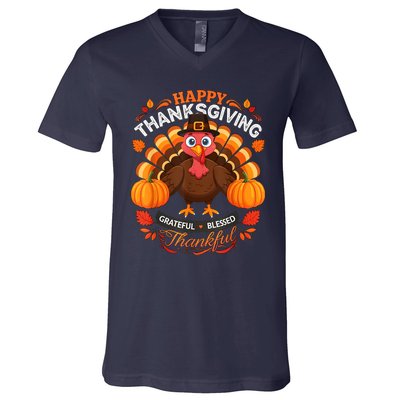 Happy Thanksgiving Turkey Grateful Blessed Grateful V-Neck T-Shirt