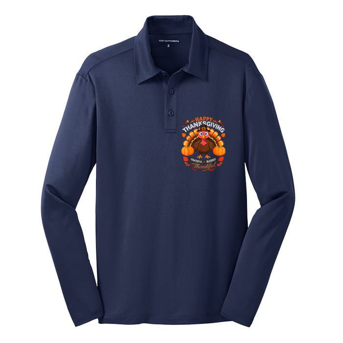 Happy Thanksgiving Turkey Grateful Blessed Grateful Silk Touch Performance Long Sleeve Polo