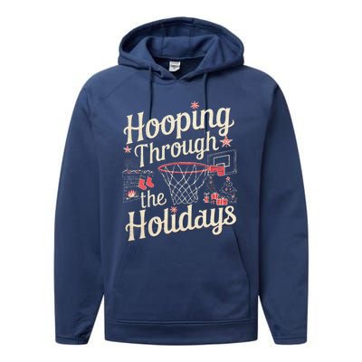 Hooping Through The Holidays Basketball Hoop Christmas Tree Performance Fleece Hoodie