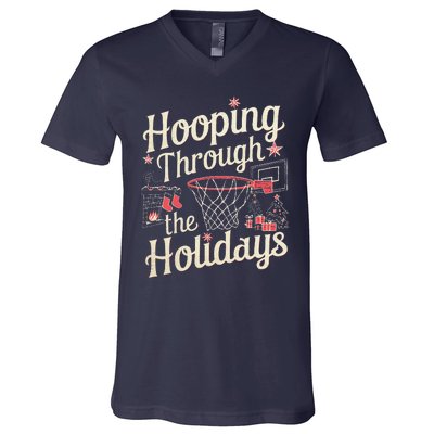 Hooping Through The Holidays Basketball Hoop Christmas Tree V-Neck T-Shirt