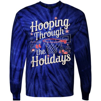 Hooping Through The Holidays Basketball Hoop Christmas Tree Tie-Dye Long Sleeve Shirt