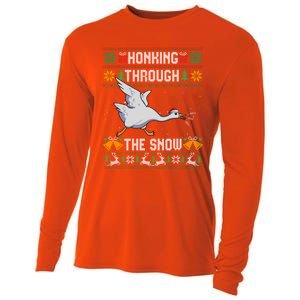 Honking Through The Snow Funny Goose Ugly Christmas Sweater Gift Cooling Performance Long Sleeve Crew