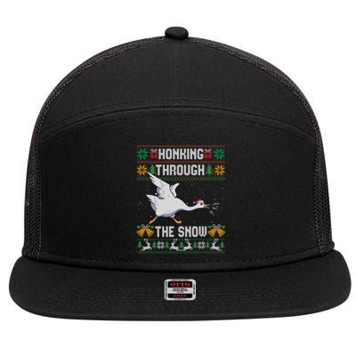 Honking Through The Snow Funny Goose Ugly Christmas Sweater Gift 7 Panel Mesh Trucker Snapback Hat