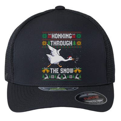 Honking Through The Snow Funny Goose Ugly Christmas Sweater Gift Flexfit Unipanel Trucker Cap