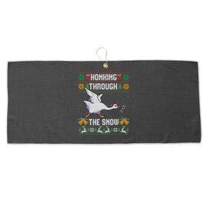 Honking Through The Snow Funny Goose Ugly Christmas Sweater Gift Large Microfiber Waffle Golf Towel