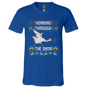 Honking Through The Snow Funny Goose Ugly Christmas Sweater Gift V-Neck T-Shirt